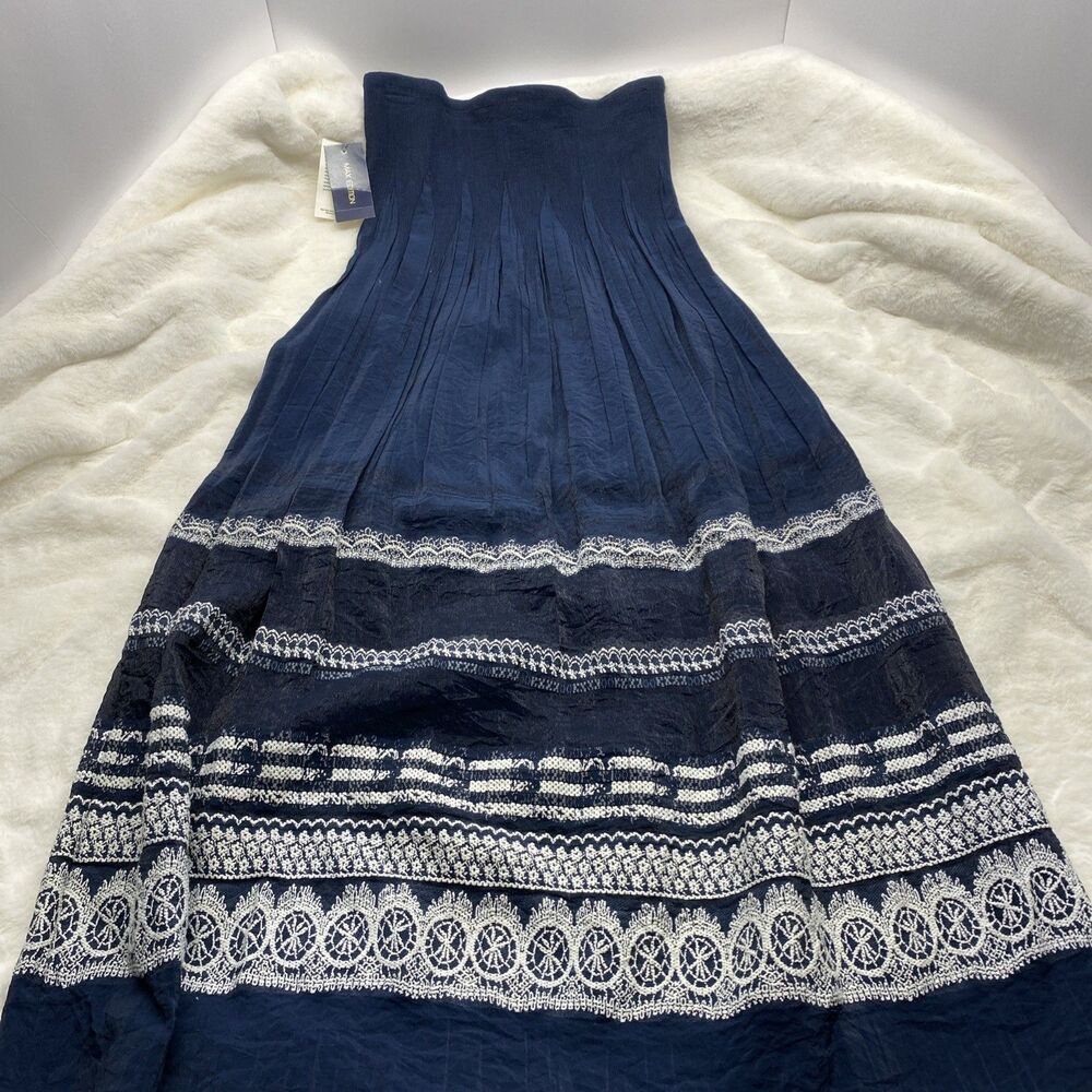 Max Edition Petite Navy Boho Maxi Skirt MP Embroidered Lace Trim Cottagecore NWT